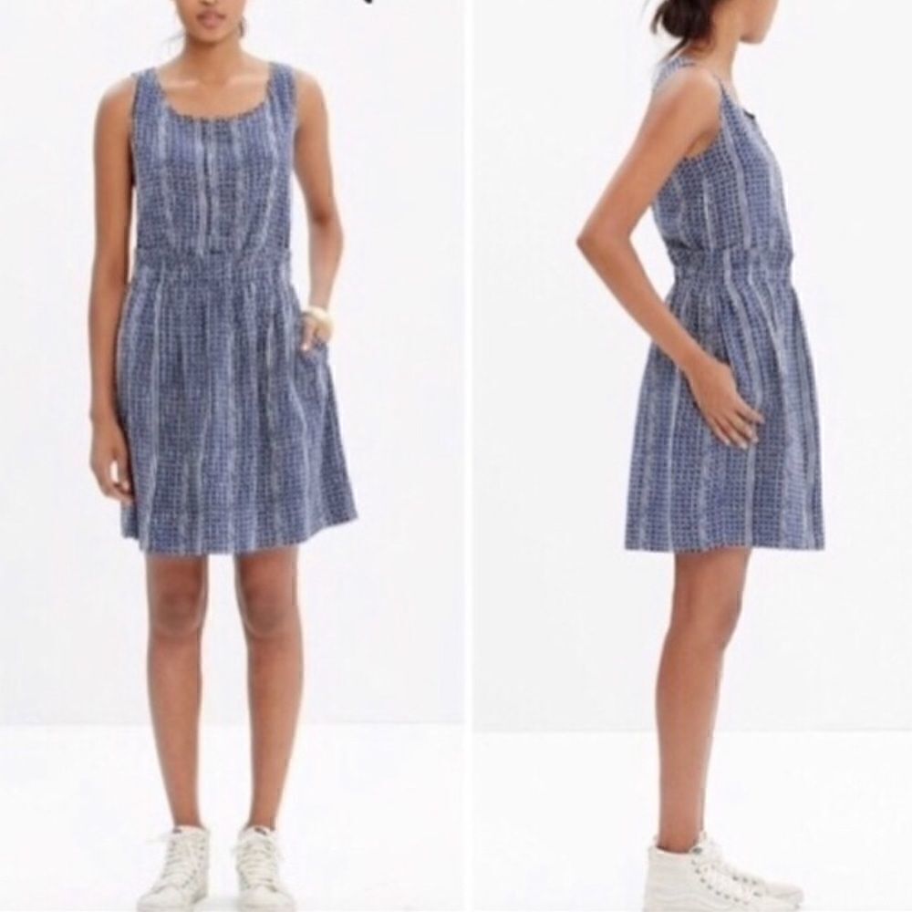 Madewell Blue Batik Striped Silk Ruffle Dress Size 0 Navy Polka Dot